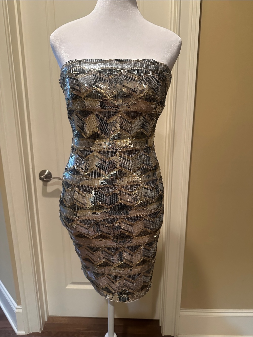 BeBe Strapless Sequin Sheath Dress in Gold and Silver- worn once- Like New